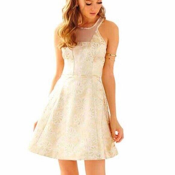 Lilly Pulitzer Dresses & Skirts - Lilly Pulitzer Elsie Illusion Gold Metallic Flower Jacquard Dress Fit & Flare 2